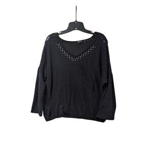 Cure Black Lace Shoulders Pearl Embellished V-neck Sweater Sz XL